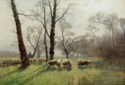 Herder met zijn kudde in het avondlicht door August Fink